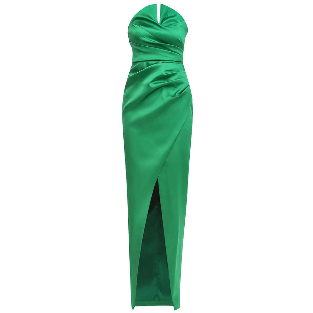 

VC Ladies Dress Celebrity Party Dress Cocktail Party Dress Dress Green Draped Tube Top Long Satin Dress