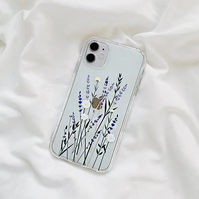 

Clear Purple Flower Transparent Phone Case For iPhone 11 12 Pro X XR XS Max 7 8 Plus 5s 6s Plus Shockproof Soft Silicone Cover