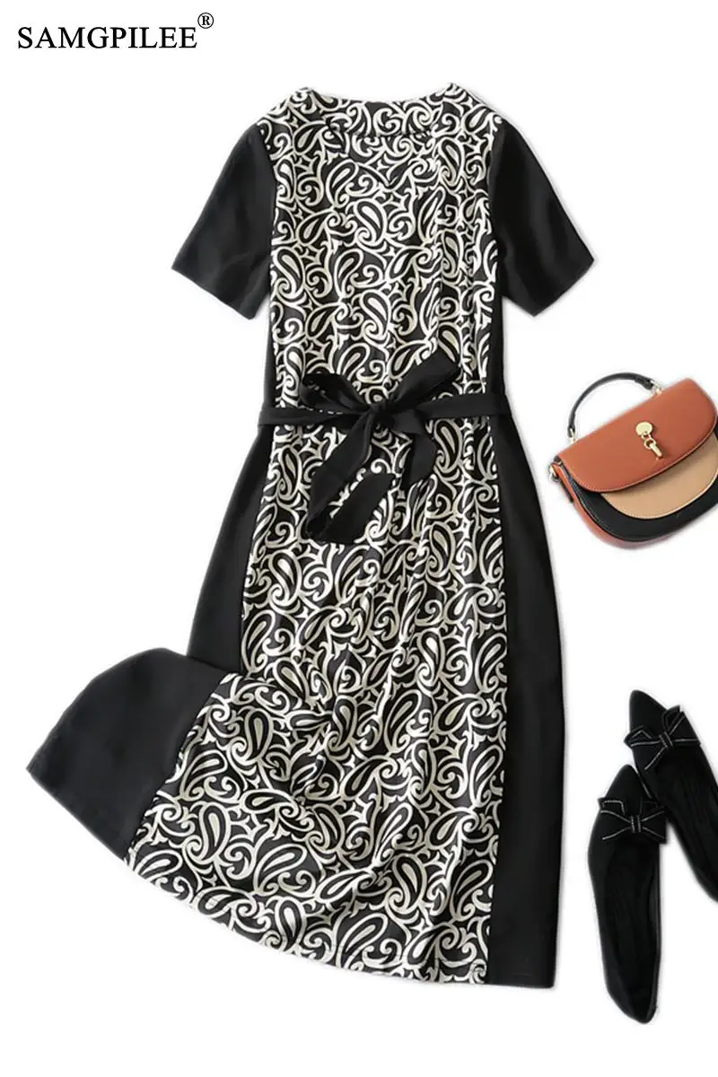 

Summer Clothes For Women 2021 New Fashion V-neck Retro Cashew Flower Pattern Belt Over The Knee Knee Length Plus Size Dresses