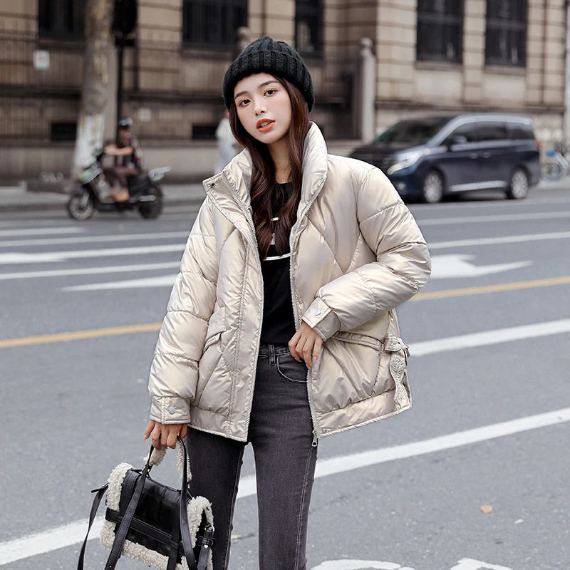 

Зимнее глянцевое пальто с хлопковой подкладкой 2021, Женская однотонная Повседневная толстая пуховая куртка, верхняя одежда, блестящее тепло...