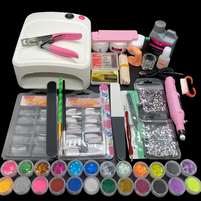 Профессиональный набор для акриловых ногтей полный маникюра с лампой машинка