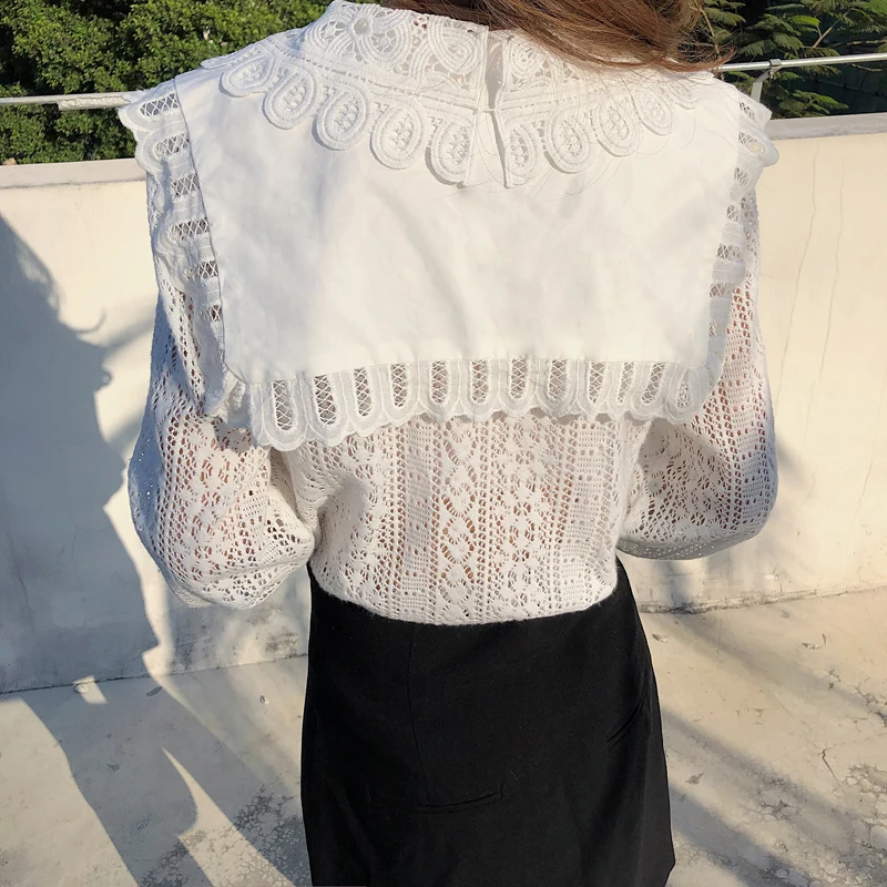 

Korea Fashion Tops Blouses 2021 Spring Summer New Lace Hollow Out Shirts Female Sweet Peter Pan Collar Chic White Shirt