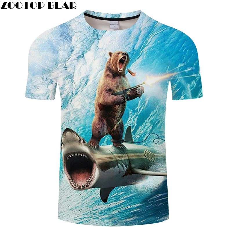 Футболка с объемным медведем и акулой Мужская футболка забавная топы летняя