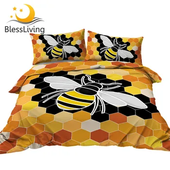 BlessLiving Busy Bee Bedding Set Insect Cute Duvet Cover Honeycomb Comforter Cover Set 3pcs Yellow Geometric Beehive Bedclothes 1