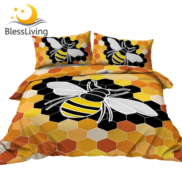 BlessLiving Busy Bee Bedding Set Insect Cute Duvet Cover Honeycomb Comforter Cover Set 3pcs Yellow Geometric Beehive Bedclothes 1