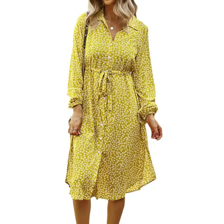 

Платье ТРАПЕЦИЕВИДНОЕ на завязках для женщин, платье с воротником на пуговицах, длинным рукавом и цветочным принтом для взрослых