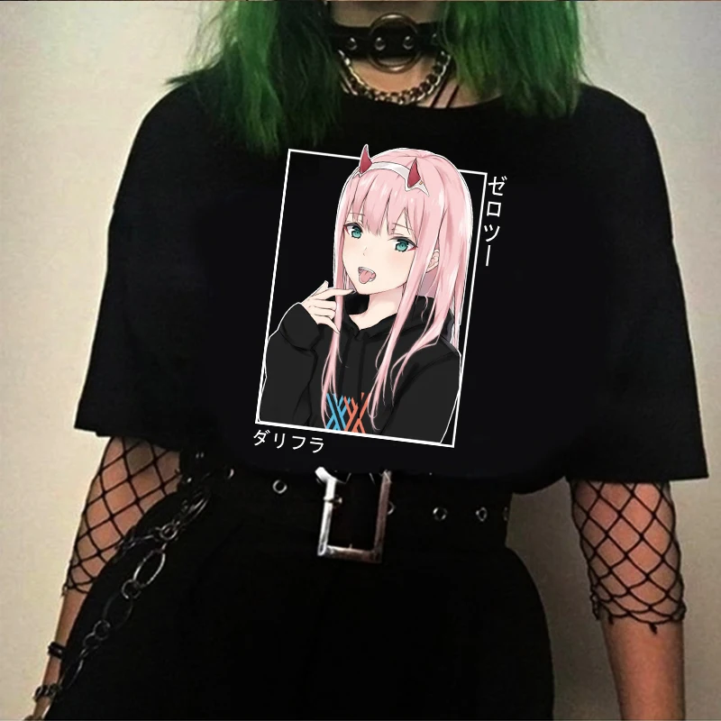 

Kawaii Cartoon Print Top Harajuku T-shirt Darling In The Franxx Anime Zero TWO Shirts for Women