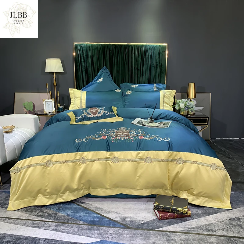 

Luxury Blue Yellow Splicing Embroidery 600TC Silk Cotton Bedding Set Double Duvet Cover Set Bed Linen Pillowcases Home Textile