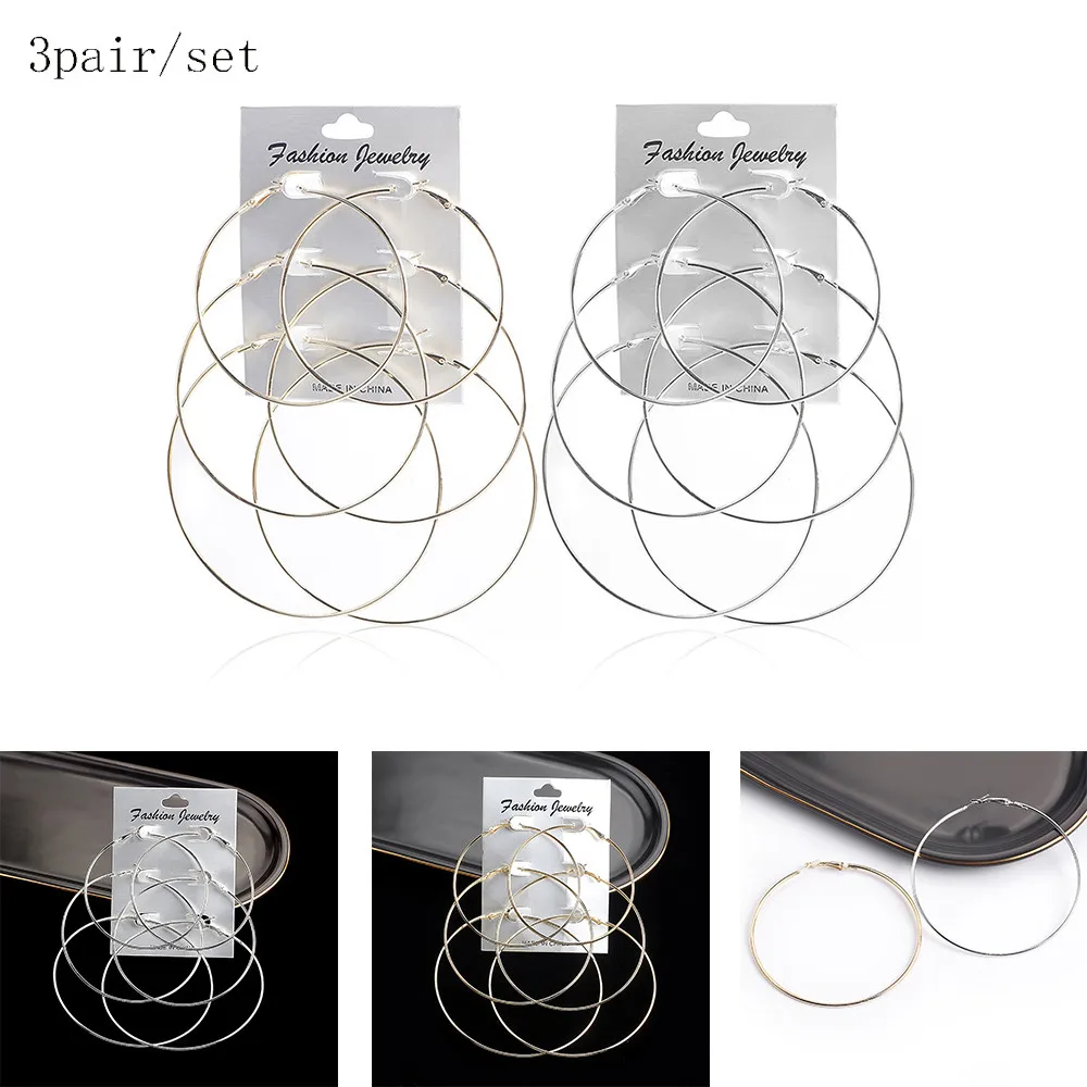 

3 Pairs/set Oversized Huge Hoop Earrings Simple Exaggerated Sexy Smooth Big Round Earrings Fashion Women Party Jewelry Gift