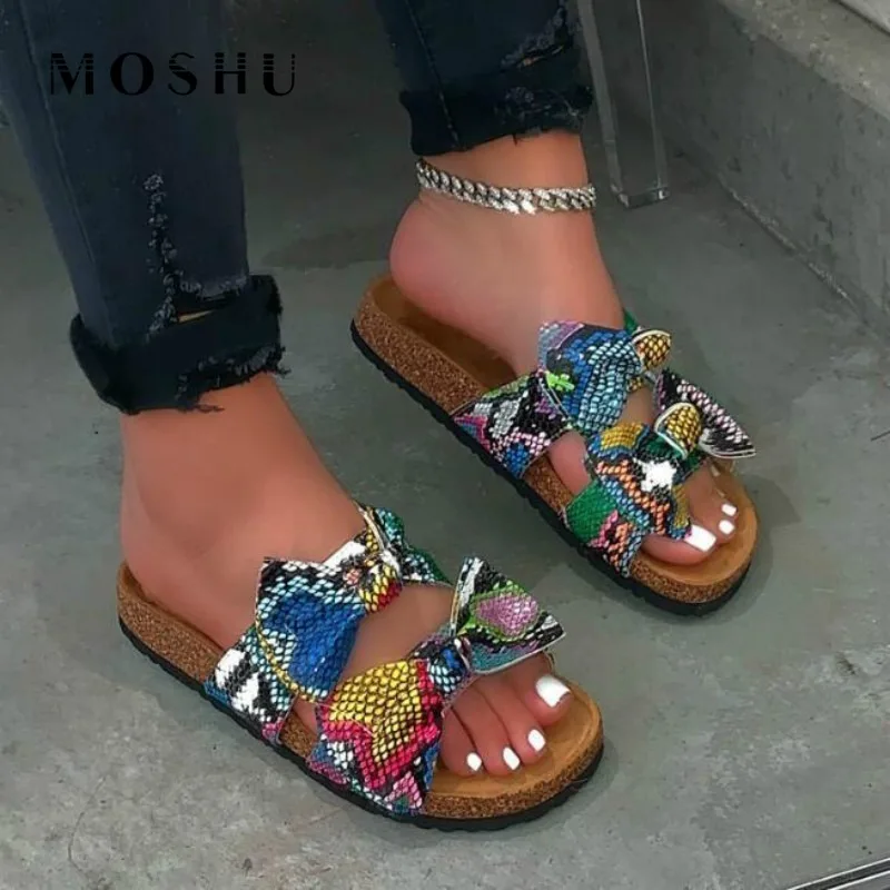 Тапочки женские леопардовые шлепанцы с бантом сланцы открытым носком плоская