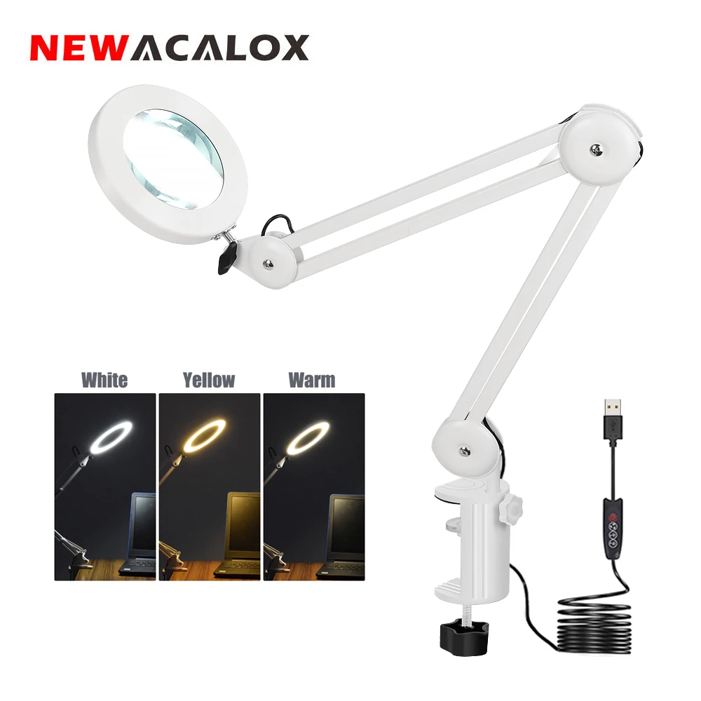 Складная Настольная лампа NEWACALOX USB 5X увеличительное стекло 3 цвета светодиодная