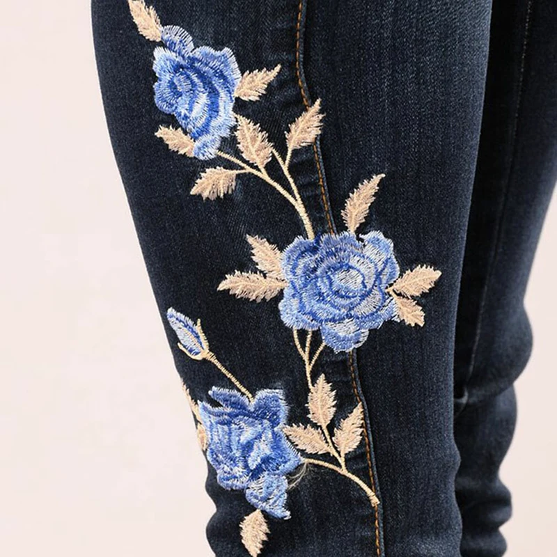 Stretch Embroidered Jeans For Women Elastic Blue Flower Jeans Female Pencil Denim Pants Rose Pattern Pantalon Femme images - 6