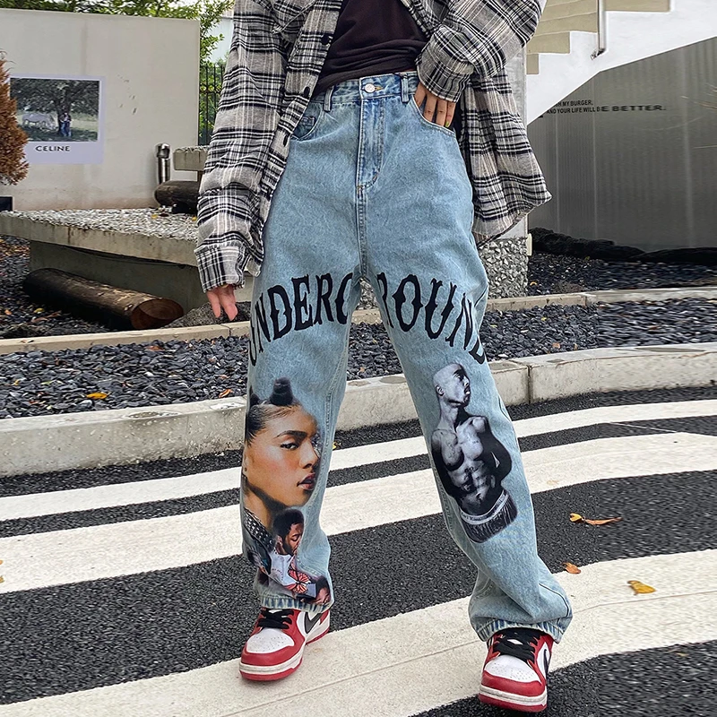 

Мужские прямые джинсовые брюки с принтом надписи, повседневные рваные брюки большого размера в стиле Vibe