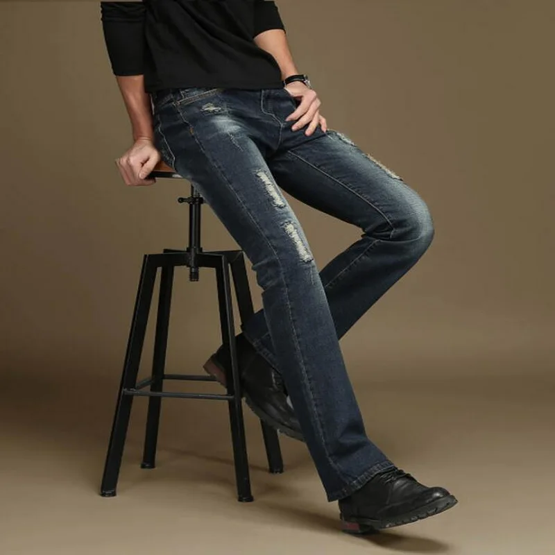 Spring And Autumn Men's Ripped Jeans Beggar Pants Men's Micro-Flare Denim Trousers Men's Jeans