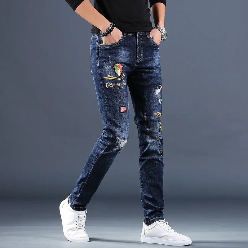 Men Embroidered Ripped Jeans Fashion Stretch Straight Slim Fit Pants Casual Streetwear Distressed Blue Denim Trousers
