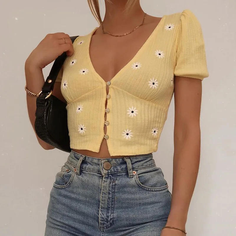 

deep v neck floral embroidered sweet knitted crop top clothing women