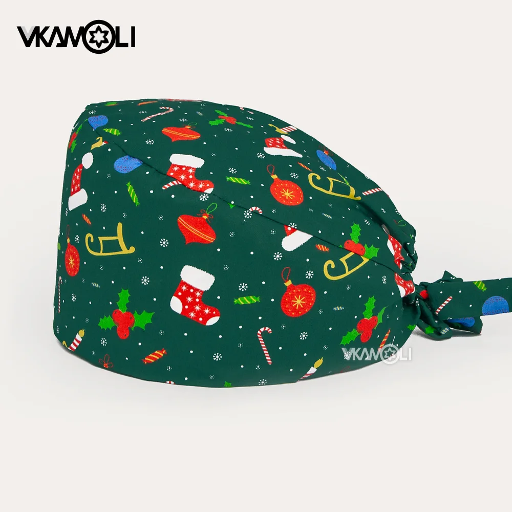 Christmas stocking printing scrub cap With sweat towel wholesale adjustable size scrubs hat nursing hats for women | Тематическая