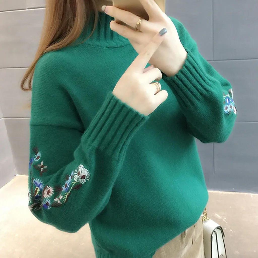 New Loose Thick Warm Winter Pullover Sweater Women Embroidery Jumper Half Turtleneck Long Sleeve Knit Yellow Sweater Female