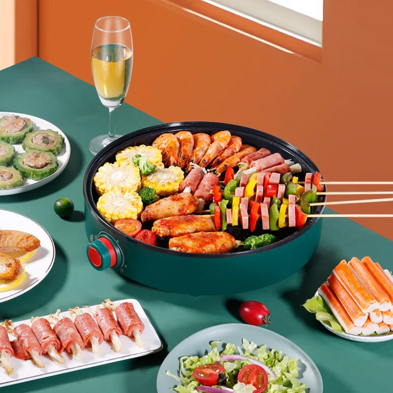 Продажа Фотогриль, Электрический внутренний круглый бытовой гриль для барбекю, Зеленый Мгновенный бездымный Электрический инструмент для кемпинг...