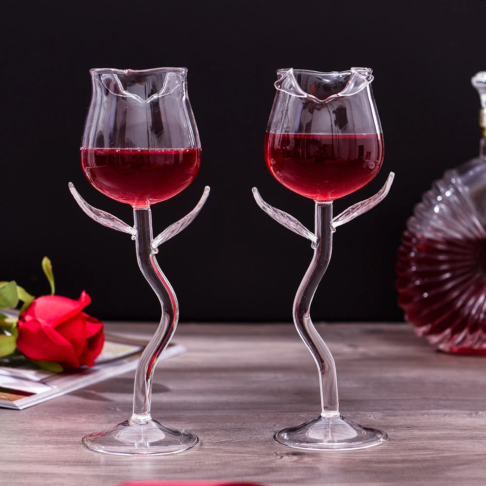 

Hot Rose Wine Glass Set Rose Flower Shape Wine Glass Creatives Rose Flower Goblet Glass For Home Party FQ-ing