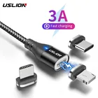 Магнитный кабель USLION 2 м 3A USB C светодиодный кабель для быстрой зарядки типа C для iPhone 12 Samsung Android Phone Micro Magnet, зарядное устройство