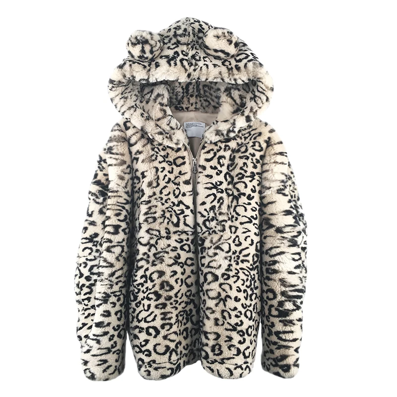 Пальто женское с капюшоном леопардовое Осень-Зима куртка мехом кролика Рекс Zjt1573