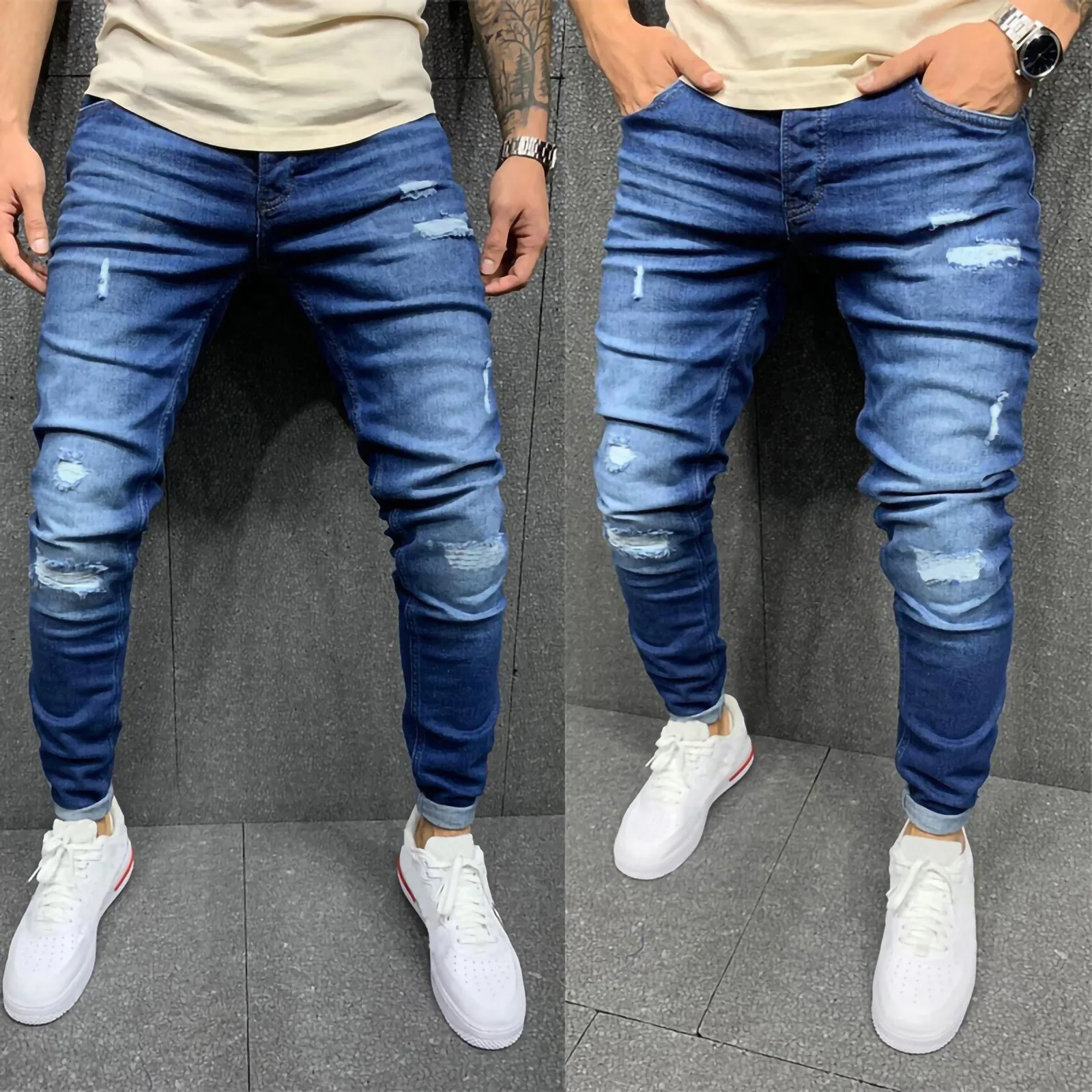 

Men's Mid Ripped Denim Frayed Hem Casual Stretch Tight Jeans Denim Trousers Pantalones Cortos De Hombre Штаны Мужские