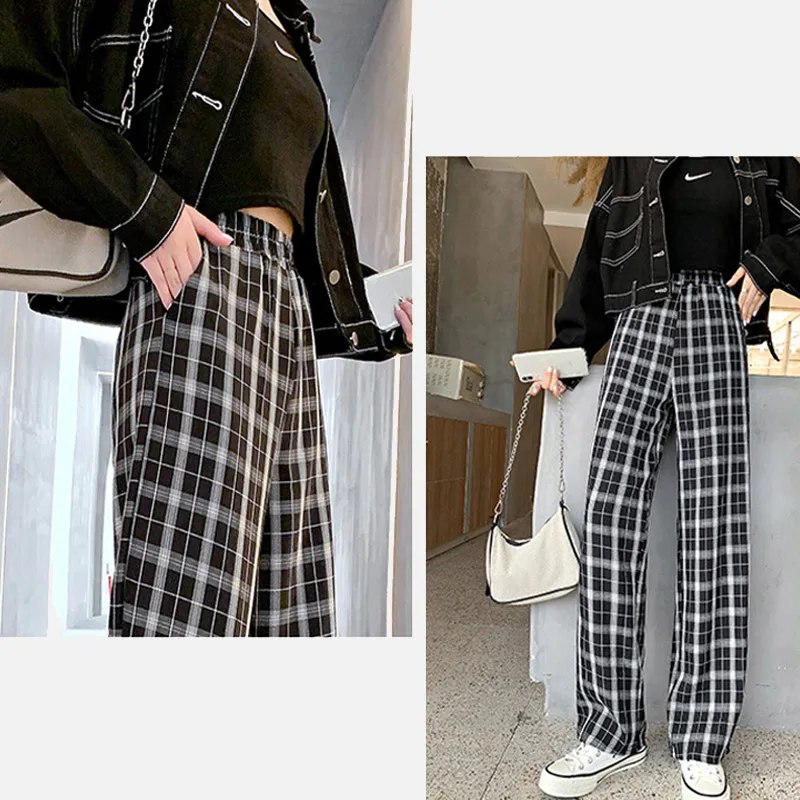 

Plaid Pants Women Wide Leg Loose 4XL Plus Size Slacks Trousers Checkered High Elastic Waist All-match Girl 2021 Spring Casual