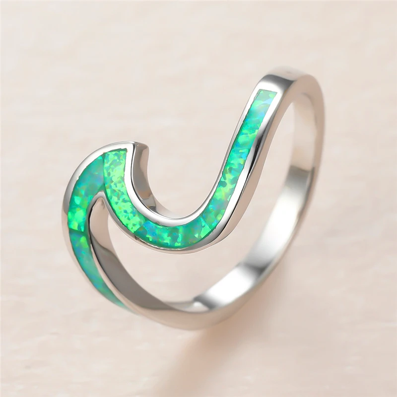 

Dainty Male Female Green Opal Stone Ring Charm Silver Color Thin Wedding Rings For Women Luxury Bride Opal Engagement Ring