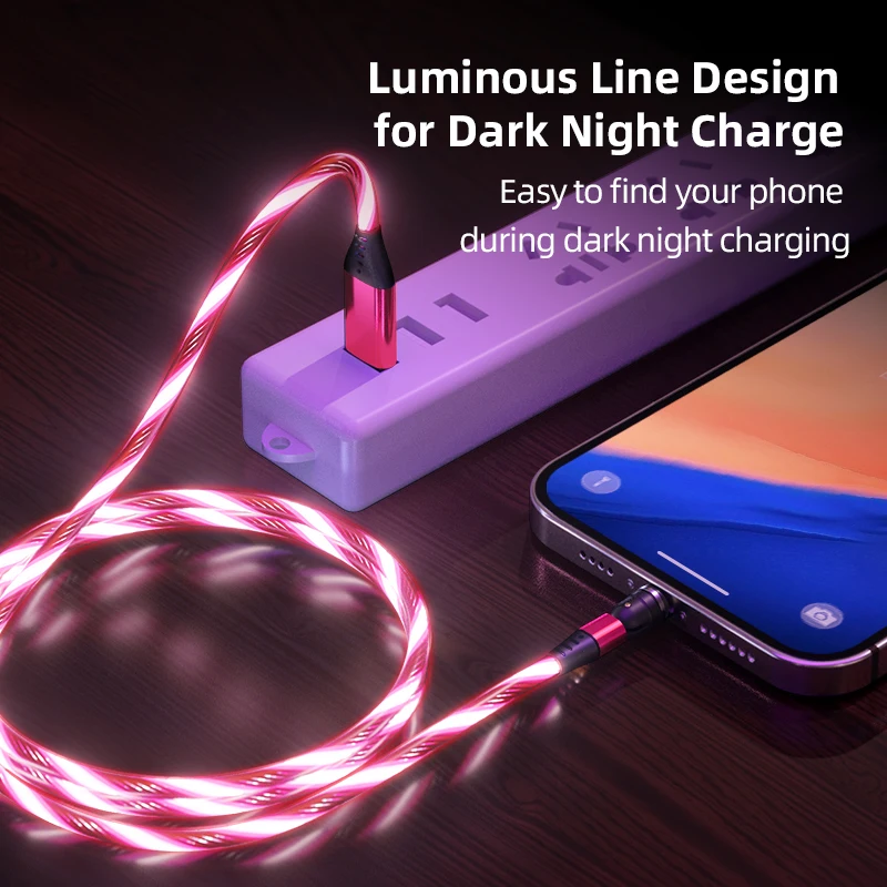 AUFU Flow Luminous Lighting USB Magnetic Cable for Samsung LED Micro Type C charger for iPhone Huawei Xiaomi Mobile Phone Cable