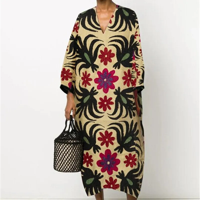 

New Arrival Women Print Dress 2020 Autumn Vintage V-neck Long Sleeves Loose Dress Plus Size