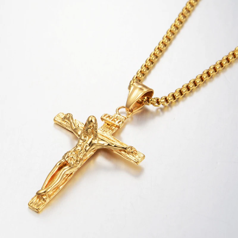 

INRI Crucifix Jesus Cross Pendant Necklaces For Men Gold Color Stainless Steel Chains Men's Religious Christian Jewelry Gift