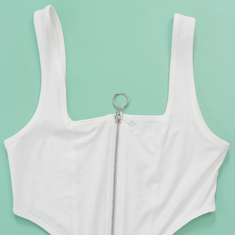 

Low Chest Zip Up Sexy Sleeveless Bodysuits Summer Women Clothes 2020 Thigh Bodycon Party Club Romper Backless Outfits