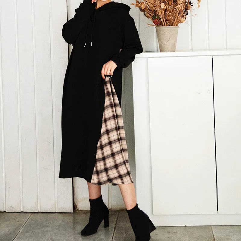 

Hooded sweater dress women's loose side check color matching long sleeve medium length