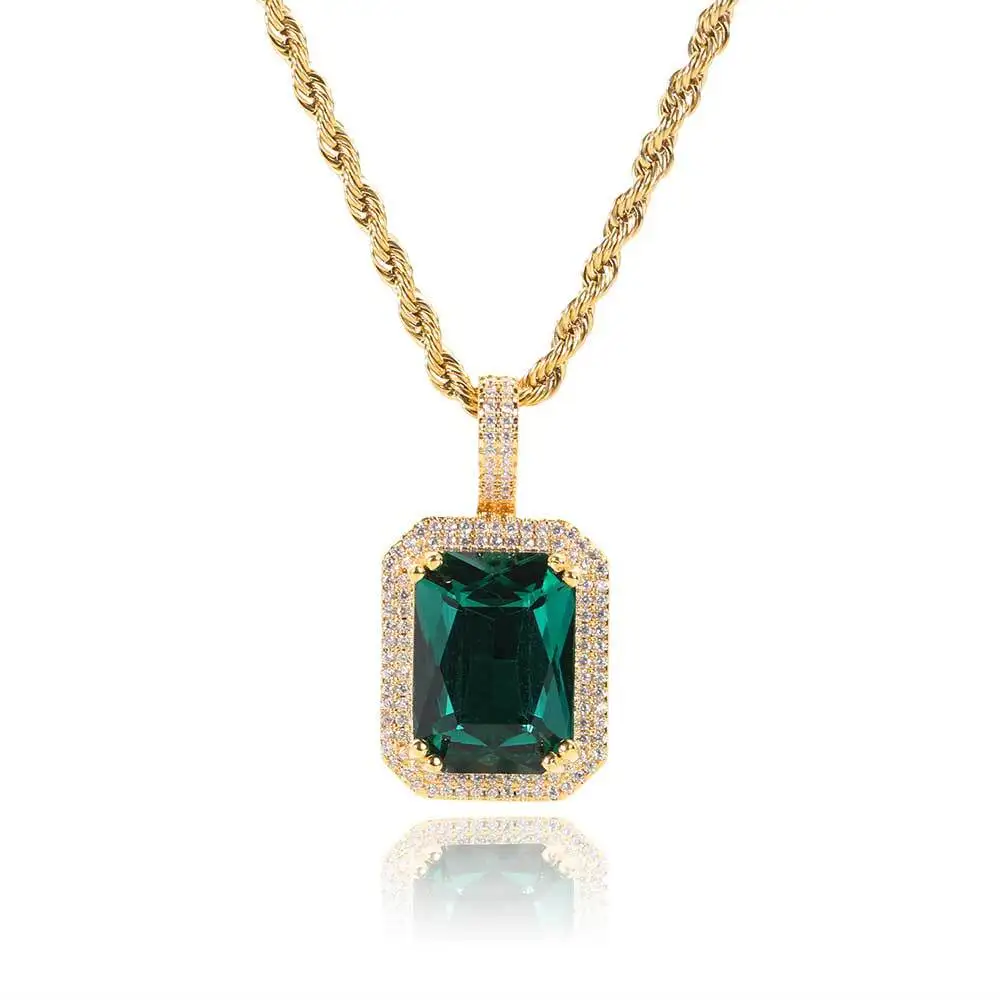 

Hot Hip Hop Square Colored Gemstone Pendant Boutique Micro-Inlaid Zircon Hip Hop Necklace Jewelry