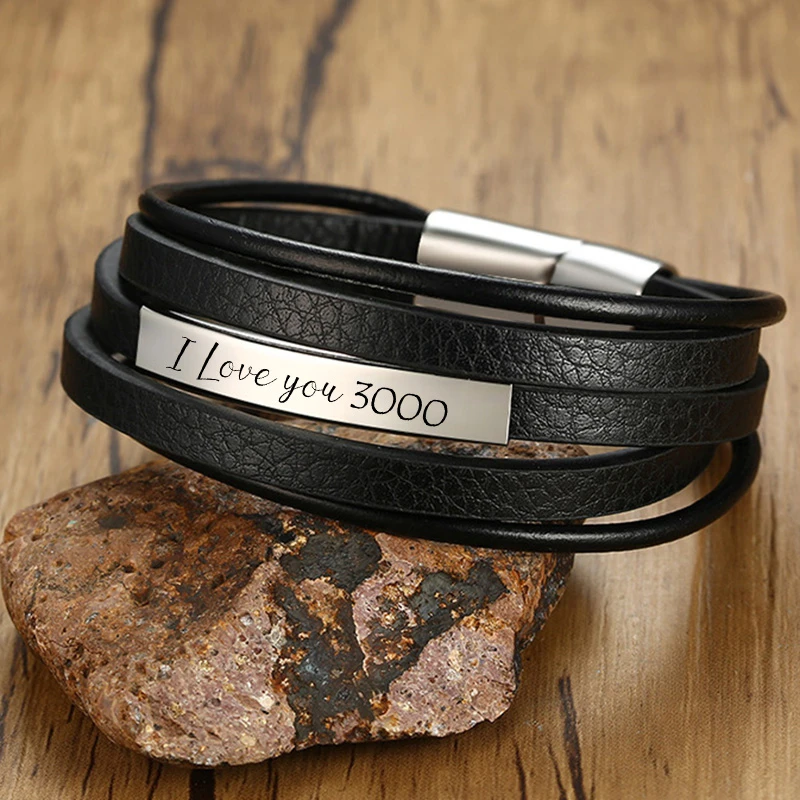 

Vnox Customized Layered Leather Bracelets for Men Stainless Steel ID Bangle Personalized Casual Gents Wristband Gift for Him