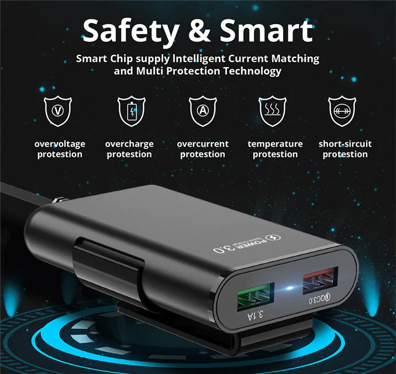 USLION, мульти USB, 4 порта, QC 3,0, автомобильное зарядное устройство, быстрая зарядка, телефон, быстрая зарядка, передний задний сиденье, зажим, зарядный адаптер, портативная вилка для iPhone