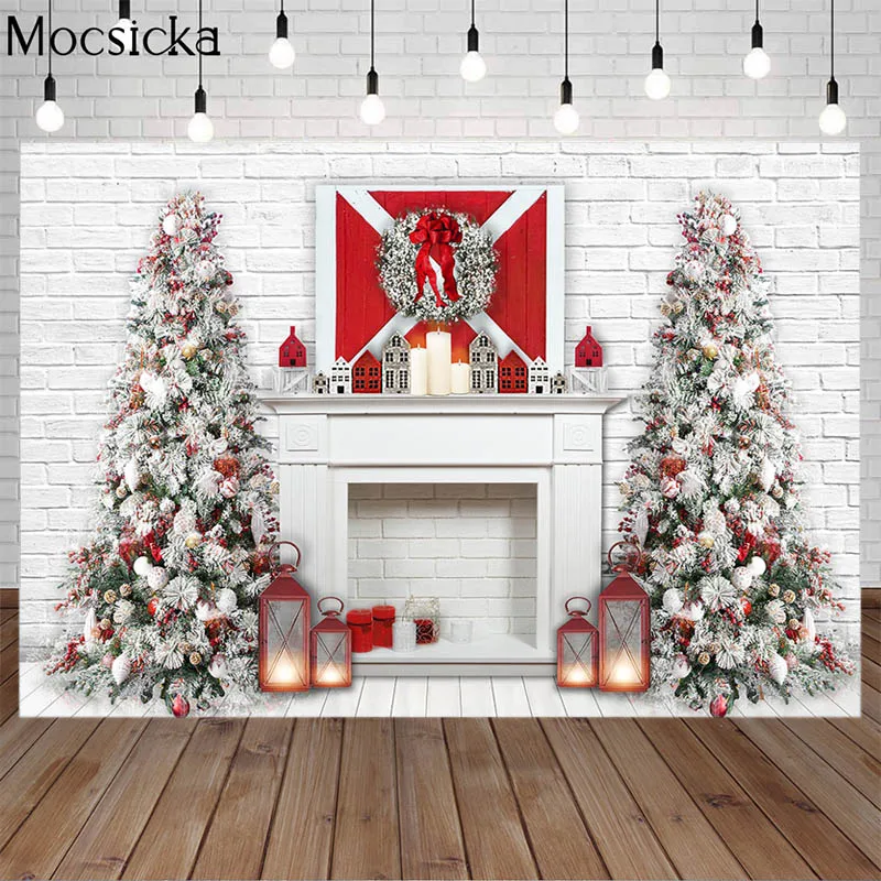 

Merry Christmas Fireplace Photography Backdrop White Brick Wall Christmas Tree Birthday Family Portrait Background Photo Studio