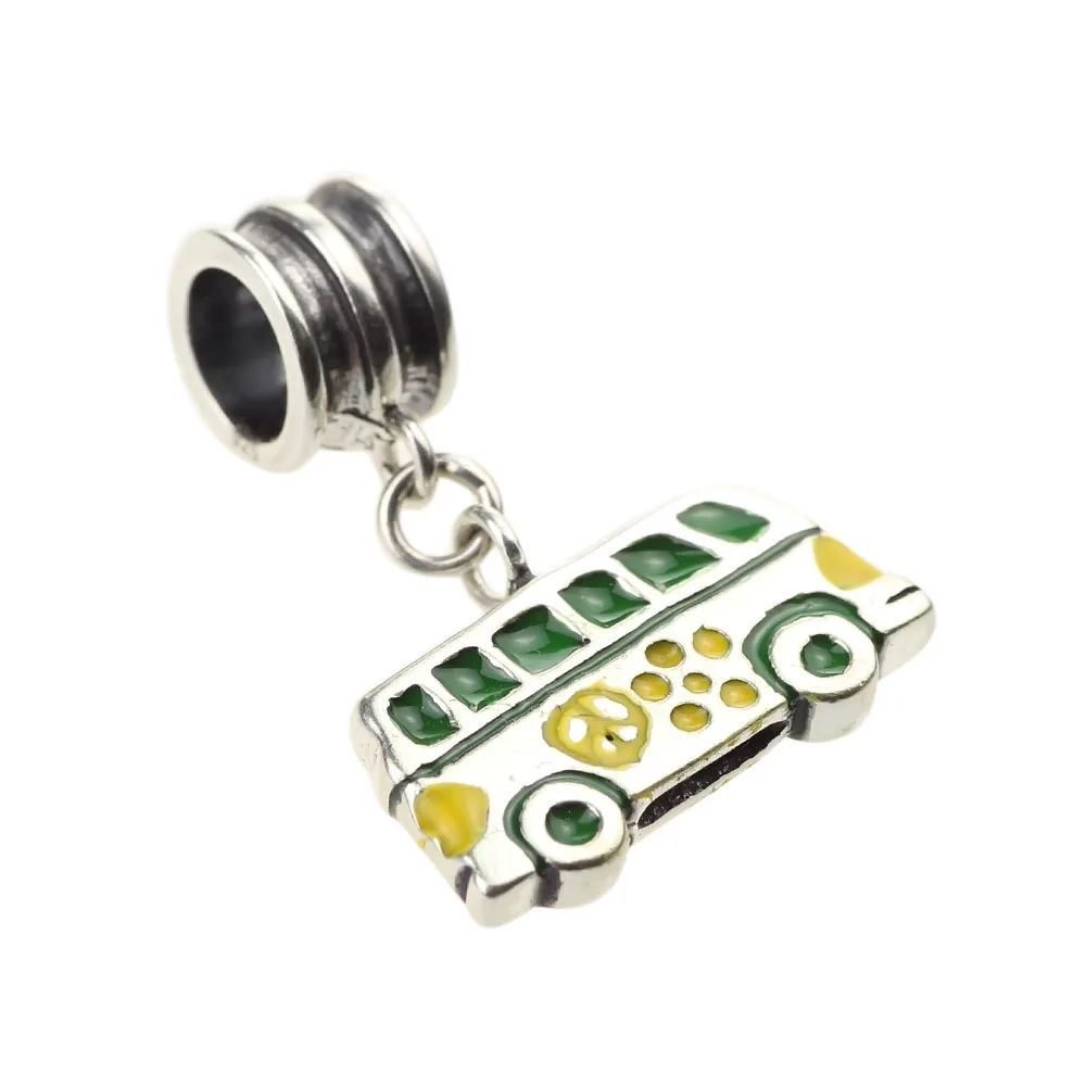 

925 Sterling Silver Charm Dangle Green Enamel London Bus Fit European Snake Chains& Necklaces Bracelet DIY