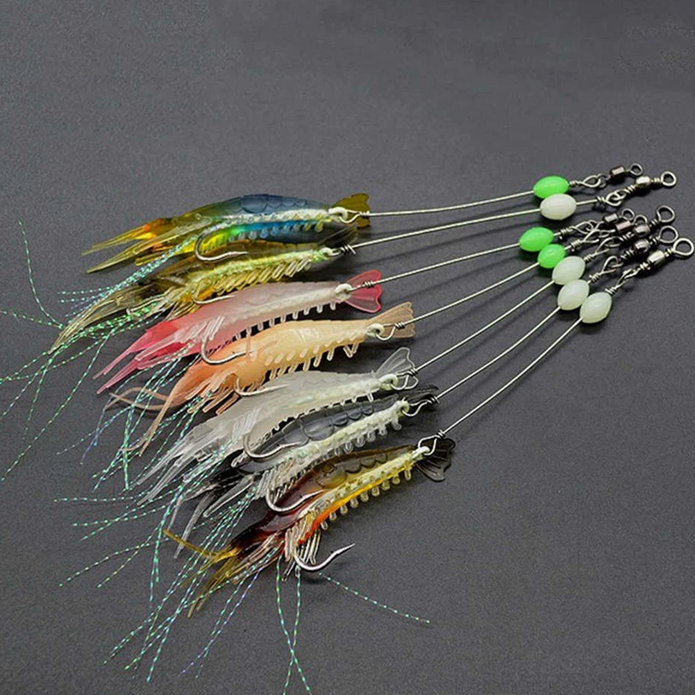 

7pcs 8cm 5g Luminous Fake Shrimp Soft Silicone Artificial Bait With Bead Swivels Hook For Fishing Sabiki Rig Fishing Tackle Sea