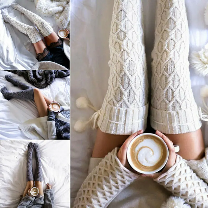 Женские зимние вязаные Гольфы выше колена Длинные теплые однотонные гольфы