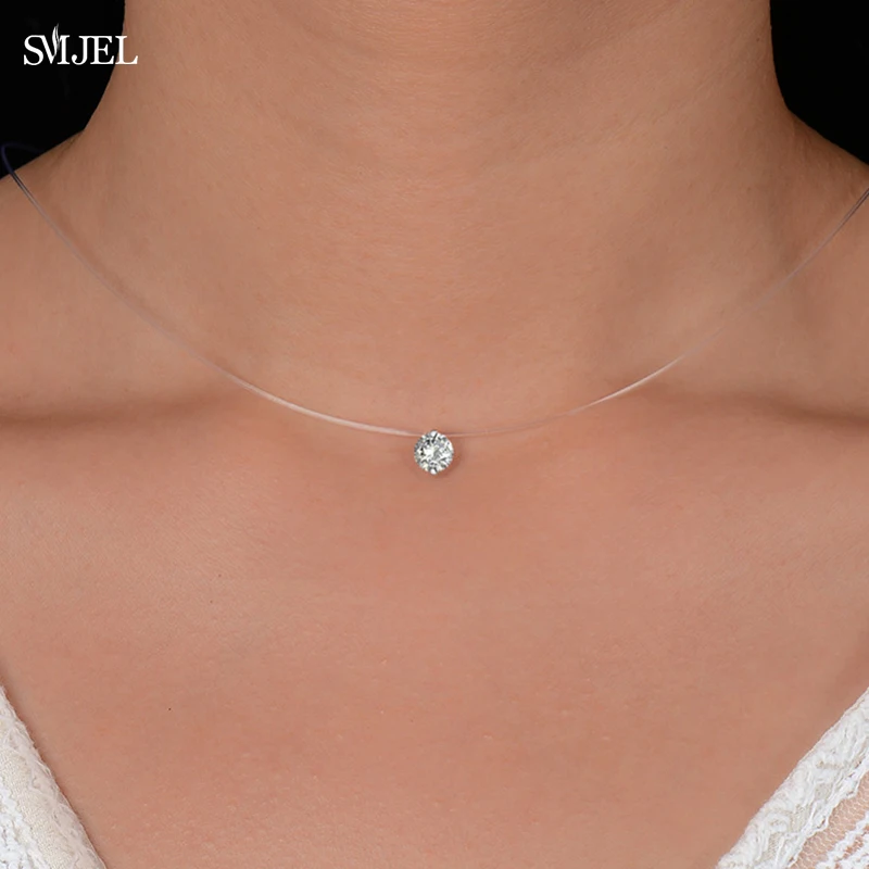 

2022 Transparent Chain Necklace Zircon Invisible Choker Women Round Heart Triangle Square Star Heart Pendant Necklaces Gift