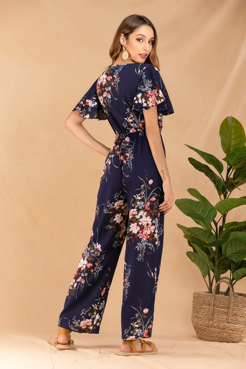 

V-neck lotus leaf jumpsuit printed big flower jumpsuit