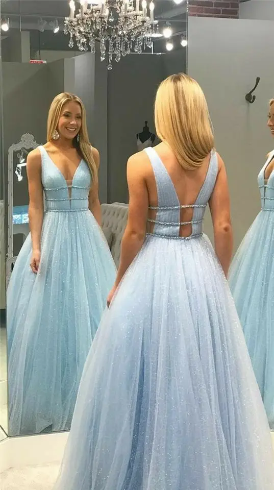 Женское длинное блестящее платье VKBRIDAL светло голубое для выпускного вечера а