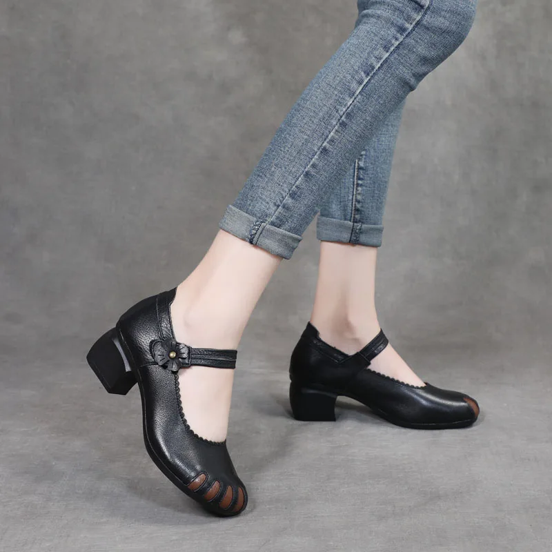 

DRKANOL Retro Women Pumps 2021 New Spring Shallow Mixed Colors Genuine Leather Round Toe Thick Heel Casual Shoes H912065