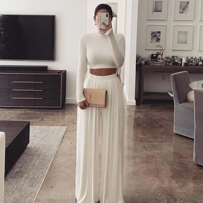

2021Spring and Autumn New Women's Fashion Solid Color Cropped Long-sleeved Short Blouse Wide-leg Trousers Two-piece Women's Suit
