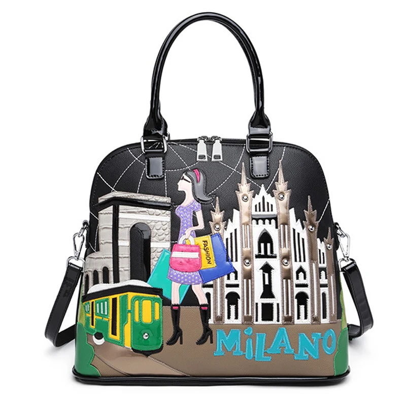 

Women Bags Leather Patchwork Embroidery Backpack Preppy Schoolbag Student Bag Travel Bag Totes Braccialini Style Cartoon Milan