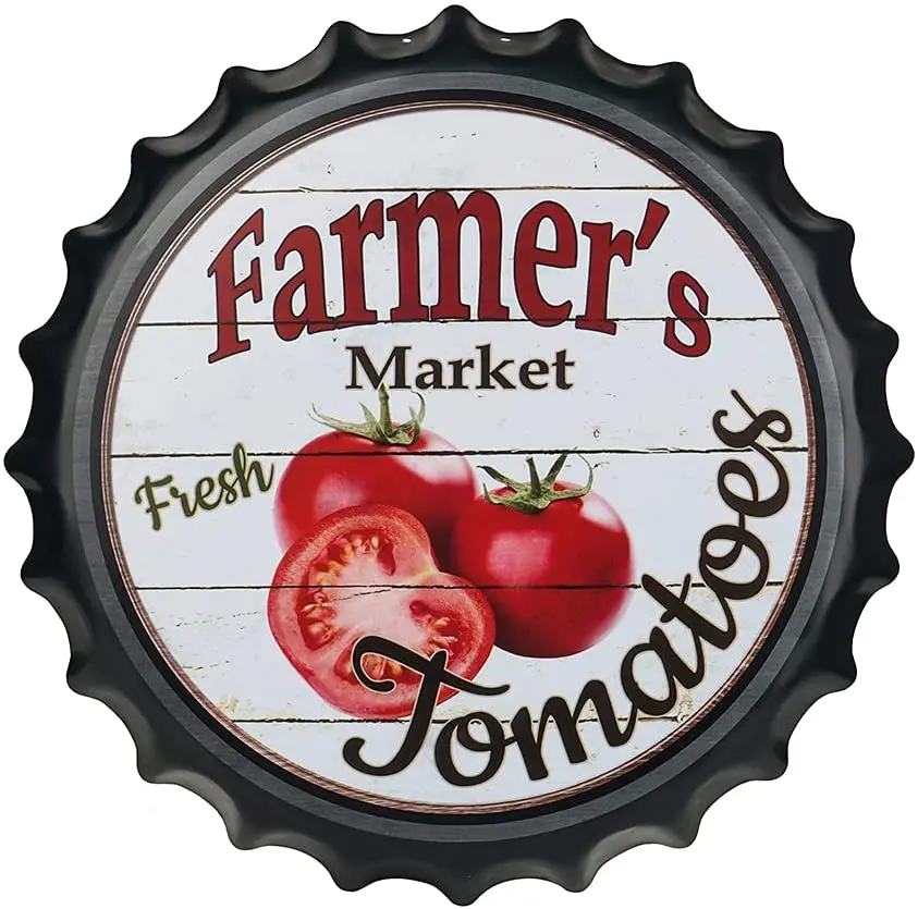 

Yunuo Farmers Market Fresh Tomatoes Decorative Bottle Caps Metal Tin Signs Decoration