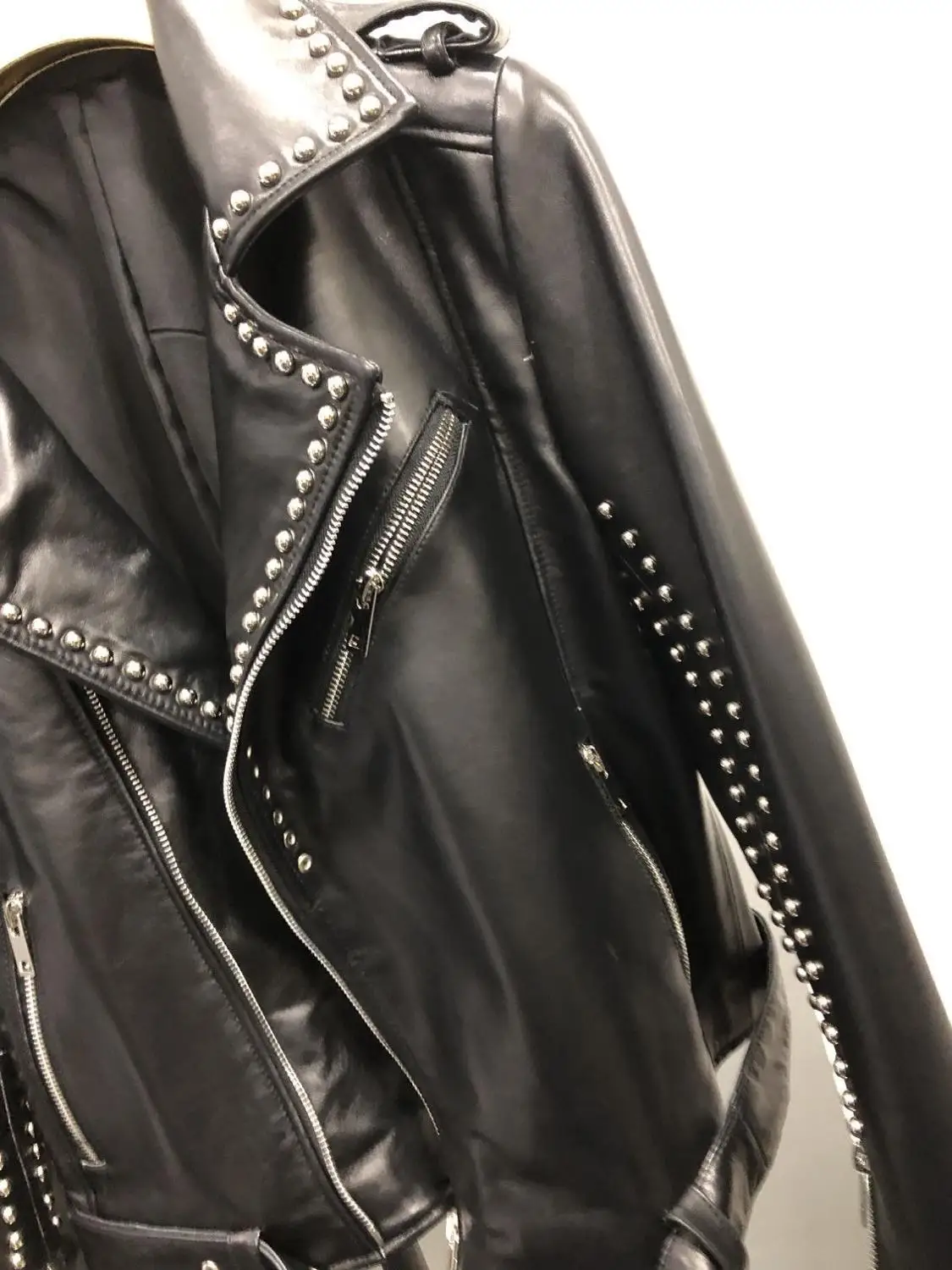 

New trend 2020 women's genuine sheepskin leather coat motorcycle biker short jacket for lady female with rivets black xxxl