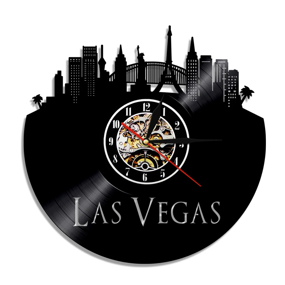 City Of Gambling Las Vegas Skyline Vintage Wall Clock Casino Cityscape Vinyl Record Wall Clock Nevada Architecture Decor Watch